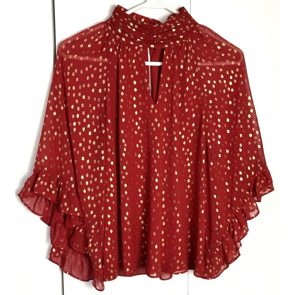 Vince Camuto Metallic-Print  Flutter Sleeve Red / Gold Size XS